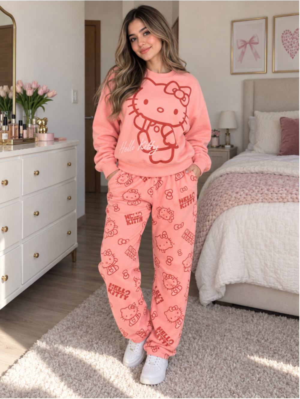 Women's Hello Kitty Pajama Set Pink Red